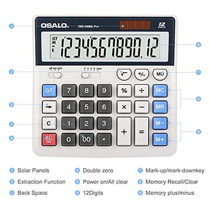 OSALO Desktop Calculator Extra Large Display 12 Digits Big Buttons Solar Accounting Calculator for Office (OS-200ML) - size: OS-200ML Pro