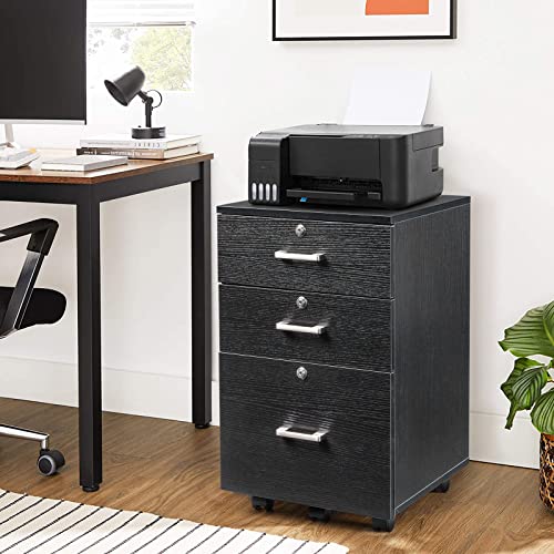 Bonnlo 26" H 3 Drawer File Cabinet with Lock, Rolling File Cabinet Under Desk, Mobile File Cabinets for Home Office, Wood Black File Cabinet Printer Stand for Letter Size Hanging/Manila File Folders - color: Black