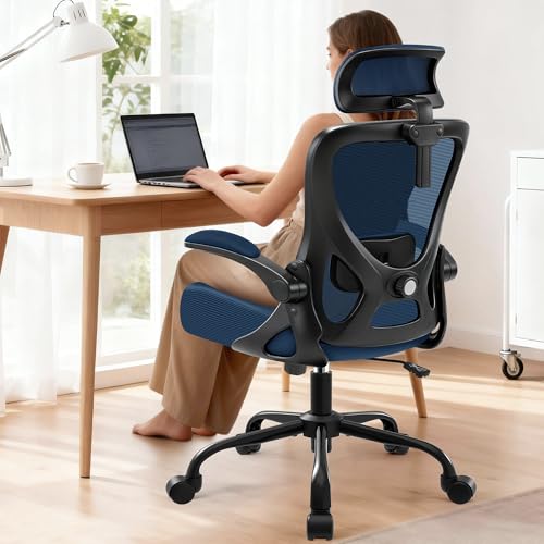 Office Chair - Ergonomic Desk Chair Breathable Mesh Chair with 2D Headrest & Adjustable Lumbar Support - Executive High Back Rolling Swivel Computer Gaming Chair with Wheels Flip-up Armrests - color: Navy/Black