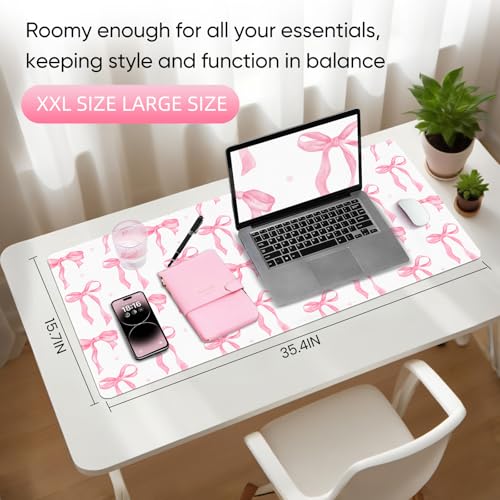 Desk Mat, XXL Large Mouse Pad,Leather Desk Pad Blotter Protector,Computer Laptop Mouse Pads for Desktop,Waterproof Writing Anti-Slip Mousepad for Office and Home I Pink Bow Girly - color: Pink Bow Girly