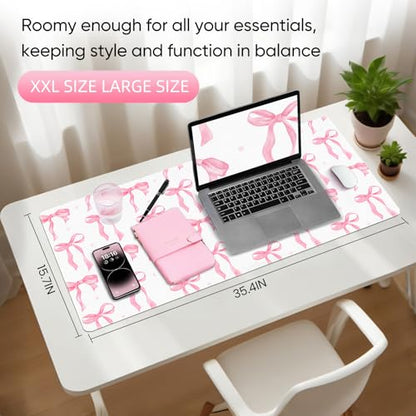 Desk Mat, XXL Large Mouse Pad,Leather Desk Pad Blotter Protector,Computer Laptop Mouse Pads for Desktop,Waterproof Writing Anti-Slip Mousepad for Office and Home I Pink Bow Girly - color: Pink Bow Girly