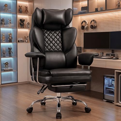 NEO CHAIR Big & Tall Leather Office Chair, High Back, Lumbar Support, Black | Gaming Chair for Adults and Computer Use, Reclining Office Chair with Foot Rest, Comfy Design and Heavy Duty Support - color: Black