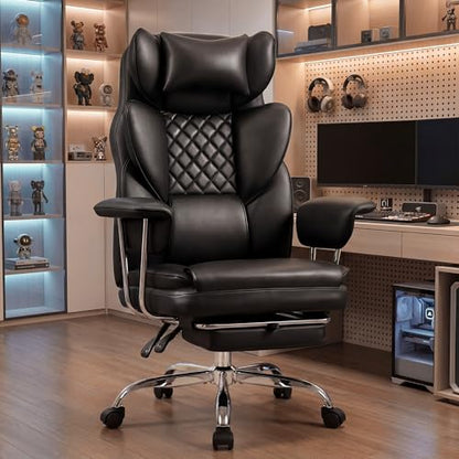 NEO CHAIR Big & Tall Leather Office Chair, High Back, Lumbar Support, Black | Gaming Chair for Adults and Computer Use, Reclining Office Chair with Foot Rest, Comfy Design and Heavy Duty Support - color: Black