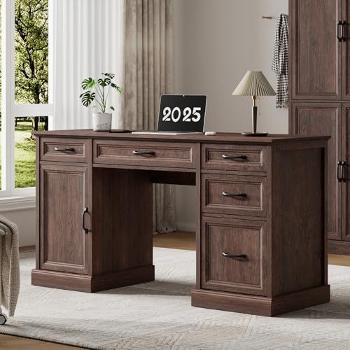 Tradare 58" Farmhouse Executive Desk, Wood Home Office Desk with Drawers & File Cabinet, Embossed Texture Storage Organizer Computer Desk for Working, Studying, Writing, Brown - color: Brown