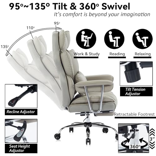 Efomao Big and Tall Office Chair 400lbs – High Back Executive Chair with Swivel Base, PU Leather Upholstery, Lumbar Pillow, Padded Armrests, and Rolling Wheels，Grey Computer Chair - color: 3008y Grey