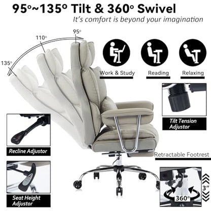 Efomao Big and Tall Office Chair 400lbs – High Back Executive Chair with Swivel Base, PU Leather Upholstery, Lumbar Pillow, Padded Armrests, and Rolling Wheels，Grey Computer Chair - color: 3008y Grey
