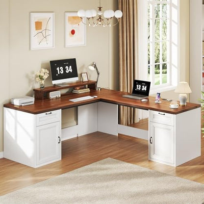 HUAHUU 78" Farmhouse L Shaped Executive Desk with Drawers, Modern Computer Desk with Power Outlets, Office Writing Desk with Monitor Stand & Storage Cabinet, Printer Shelf, Antique White - color: Walnut and White