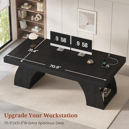 UPOSOJA 70.9 Inch Executive Desk, Large Office Desk with Power Outlet & Storage Shelves, Modern Aesthetic Computer Desks Wood Workstation Business Furniture Writing Table for Home Office (Black) - color: Black