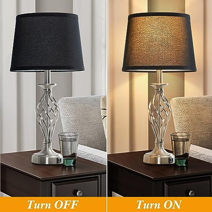 Table Lamp for Bedroom Set of 2 with USB C+A Ports,Modern Night Stand Lamps - color: Silver Base + Black Lampshade