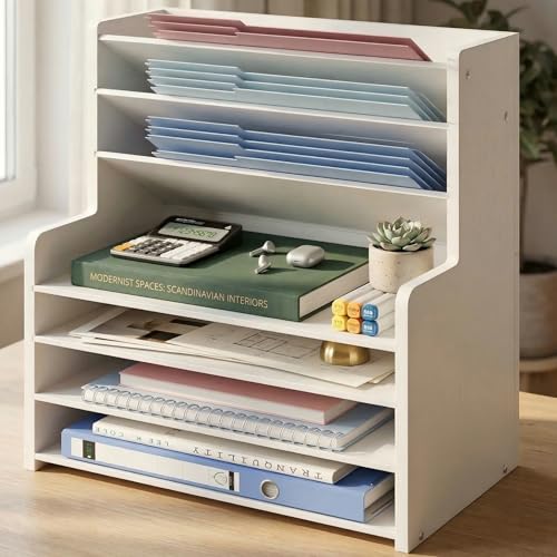 7 Tier White Desk Organizer for Office Organization, Wood Paper Organizer for Desk, Vertical Desktop File Folder Holder & Letter Tray, Aesthetic School Storage Orgnizer Shlef - color: White