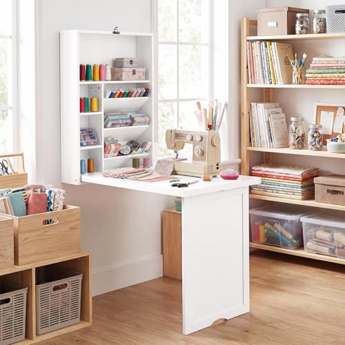 Tangkula Folding Wall Mounted Desk, Convertible Fold Out Floating Table with Storage Shelves, Space-Saving Drop Leaf Table, Murphy Desk for Craft, Study, Small Spaces, Home Office, Dorm, White - color: White