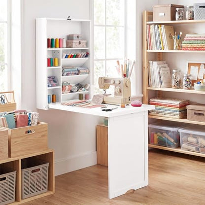Tangkula Folding Wall Mounted Desk, Convertible Fold Out Floating Table with Storage Shelves, Space-Saving Drop Leaf Table, Murphy Desk for Craft, Study, Small Spaces, Home Office, Dorm, White - color: White