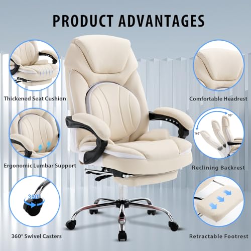Comfortable Reclining Office Desk Chair with Foot Leg Rest, Beige | Big Tall Computer Gaming Chair, Adjustable Lumbar Back Support, Wide Seat, Heavy Duty, Wheels, Faux Leather - color: Cream Beige