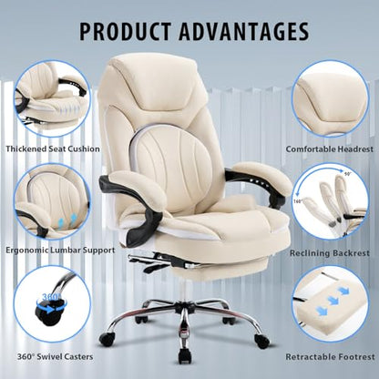 Comfortable Reclining Office Desk Chair with Foot Leg Rest, Beige | Big Tall Computer Gaming Chair, Adjustable Lumbar Back Support, Wide Seat, Heavy Duty, Wheels, Faux Leather - color: Cream Beige