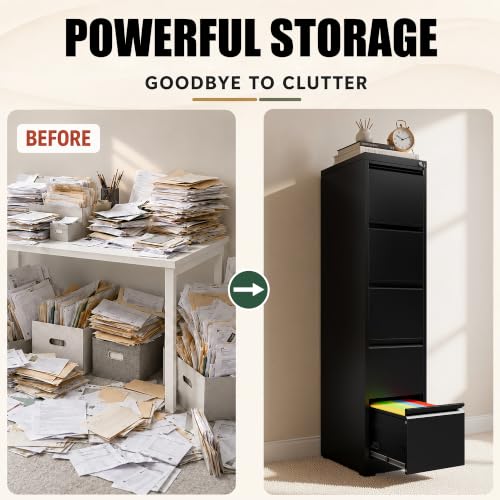 5 Drawer File Cabinet for Home Office, Vertical Filing Cabinet - color: Black, size: 64.2"H - 5 Drawer
