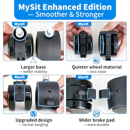MySit 11x22mm Office Chair Caster with Brake for Hardwood Floors Set of 5 | Heavy Duty Mute PU Stool Caster Wheels Replacement Easy Installation - size: 11x22mm(Large Stem)