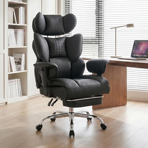 Big and Tall Office Chair 400 LBS, for Adults, Home Office | PU Leather, Executive Ergonomic Desk Chair with Footrest, Lumbar Support, Wide Seat ,Reclining, Adjustable Armrest, Black - color: Black, size: Adjustable Armrest