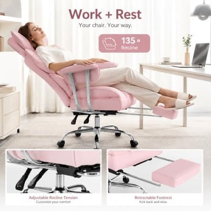 Big and Tall Office Chair, Ergonomic Executive Desk Chair with Footrest and Lumbar Support, Heavy Duty PU Leather Reclining Computer Chair with Extra Wide Seat for Home Office, Pink - color: Pink
