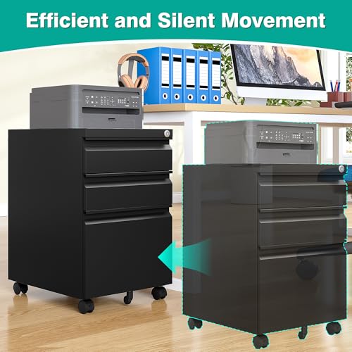 3 Drawer File Cabinet with Lock,Under Desk File Cabinet with Wheels,Black Rolling Filing Cabinets,Three Drawer Metal Filing Cabinet for Home Office,Fit A4/Letter/Legal File,- Assembly Required - color: Black, style: Assembly Required