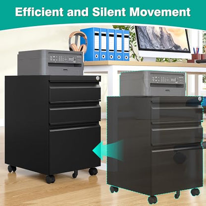 3 Drawer File Cabinet with Lock,Under Desk File Cabinet with Wheels,Black Rolling Filing Cabinets,Three Drawer Metal Filing Cabinet for Home Office,Fit A4/Letter/Legal File,- Assembly Required - color: Black, style: Assembly Required