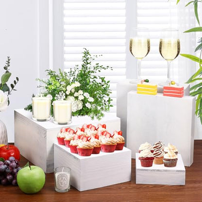 6 Pack Wooden Risers Display Stands Square Food Risers for Buffet Party Rustic Wood Cake & Cupcake Stands Nesting Box Wooden Crates for Display - color: White