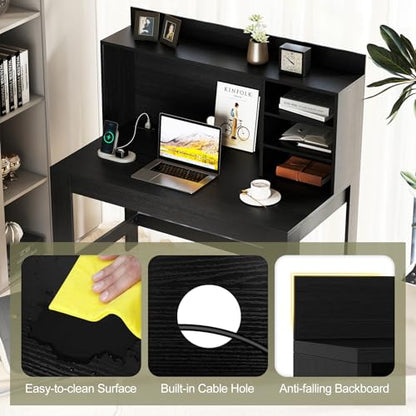 GIANTEX Computer Desk with Hutch, Modern Home Office Desk with Power Outlets, Storage Shelves & Cable Hole, Makeup Vanity Table, Study Writing Desk for Bedroom Office Small Space (Black) - color: Black