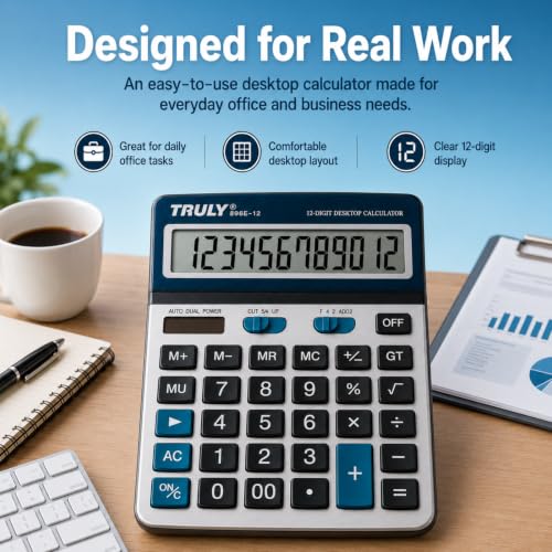 TRULY 12-Digit Desktop Calculator, 5.3-Inch Easy-to-Read Display, Big Concave Buttons, Brushed Metal Finish, Dual Power, Business Calculator for Office, School & Home, 896E - style: 896E