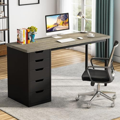 Tribesigns Computer Desk with 5 Drawers, 47 inches Rustic Brown Home Office Desk with Storage, Modern Simple Laptop Desk Study Writing Table for Small Spaces (1, Grey+Black) - color: Grey+black