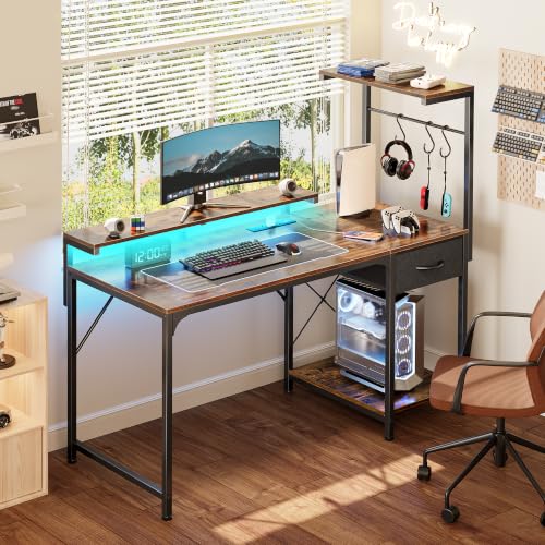 PRAISUN 47.2 Inch Gaming Desk with LED Lights & Power Outlets - color: Rustic Brown, size: 47.2 Inch