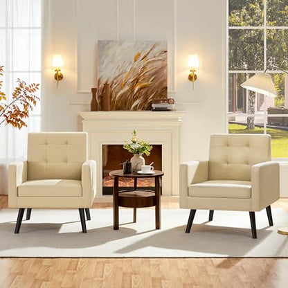 Yaheetech Mid Century Accent Chairs Set of 2 Living Room Chairs Retro Beige | Faux Leather Upholstered Sillones Para Sala, Modern Reading Nook Chairs, Button Tufted Back, Rubberwood Legs, Bedroom Office - color: Beige, size: set of 2