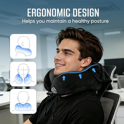 SkytraxComf® Travel Neck Pillow with Hood for Privacy on Long Flights | Memory Foam | Airplane Sleep | Safety-Tested Materials | Extra Large Hood | Chin Support | Earplugs | Washable Cover - color: Black