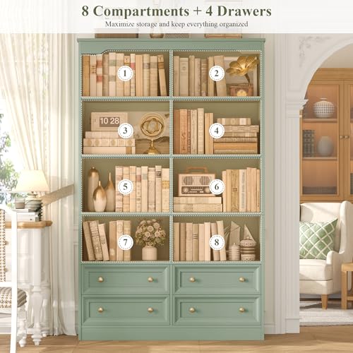 71" Tall Bookshelf with 4 Drawers Large Bookshelf Office Bookcase | 6-Tier Double Wide Bookshelves and Bookcases with Storage, Tall Bookshelf Standing Book Cabinet for Home Office, Green - color: Green