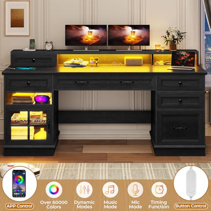 BTHFST 59.1" Executive Desk with File Drawer, Charging Station, Black - color: Black