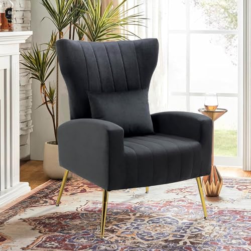 Velvet Accent Arm Chair with Wingback & Lumbar Pillow, Modern Armchair for Living Room Bedroom, Guest Reception Side Chair for Office, Gold Finish, Black - color: Black, size: 1PC with Channel Tufted
