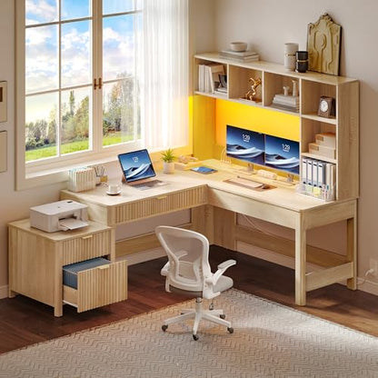 YITAHOME L Shaped Desk with Hutch & Drawers, Natural Oak, 67" | Computer Desk Gaming Desk, Power Outlets & LED Lights, Wood Home Office Desk with Printer Stand