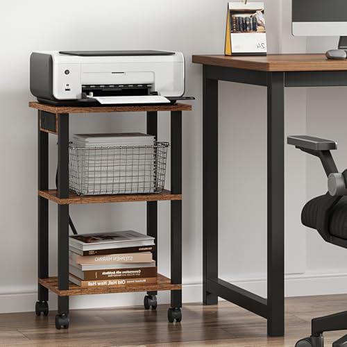 TUTOTAK Printer Stand, 3 Tier Rolling Printer Cart with Charging Station - color: Brown, size: 3 tier(15.7 x 11.8 x 23.6inchs)
