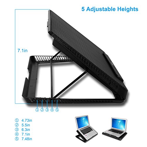 Portable Metal Mesh Laptop Cooler Cooling Pad, 6 Quiet Fans w/Green LED Light, 5 Adjustable Heights, Up to 17" in Notebook, 2 USB Interface w/Speed Control Switch, Non-Slip - Black (11147) - size: 6 Quiet Fans w/Green LED Light