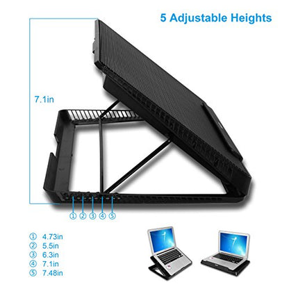 Portable Metal Mesh Laptop Cooler Cooling Pad, 6 Quiet Fans w/Green LED Light, 5 Adjustable Heights, Up to 17" in Notebook, 2 USB Interface w/Speed Control Switch, Non-Slip - Black (11147) - size: 6 Quiet Fans w/Green LED Light