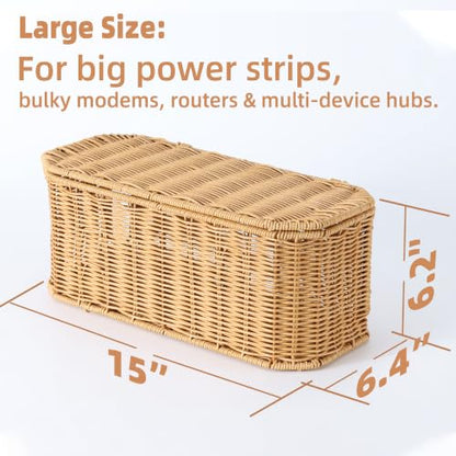 Large Cable Management Box with Lid, Wicker Basket Hides Power Strips, TV Boxes & Routers - size: Large
