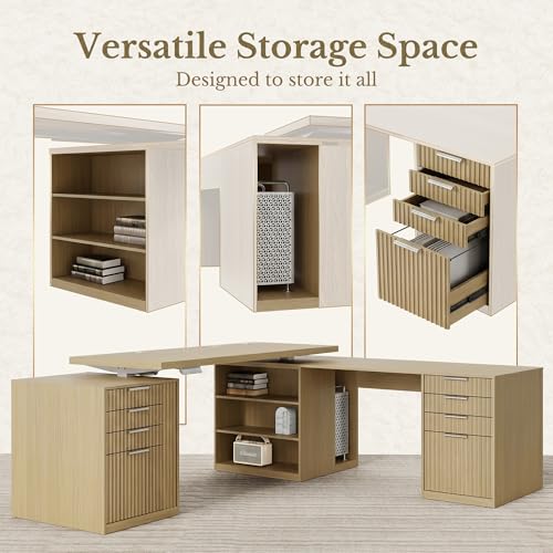 L Shaped Electric Standing Desk, 81'' x 68" Executive Height Adjustable Desk with Drawers and File Cabinet, AC/USB, Fluted Computer Desk with Storage Shelves for Home Office, Light Walnut - color: Light Walnut