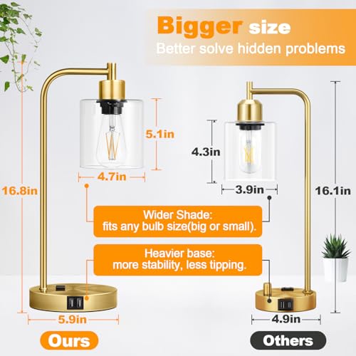 Nintiue Industrial Touch Table Lamps Set of 2-2 USB Ports & AC Outlet Nightstand Lamps, 3-Way Dimmable Bedside Desk Lamp for Living Room Bedroom, Glass Shade & 2 LED Bulbs Included - Brass - color: Brass(2 pack) - Clear Glass-Touch Control