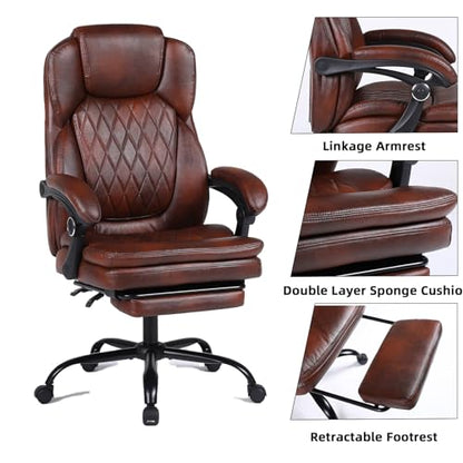 Executive Office Chair, Ergonomic Big and Tall PU Leather Desk Chair with Retractable Footrest, High Back Comfy Heavy Duty Computer Chair Adjustable Height