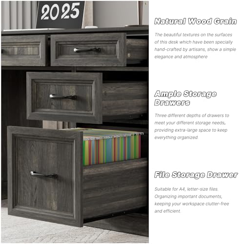 Tradare 58" Farmhouse Executive Desk, Wood Home Office Desk with Drawers & File Cabinet, Embossed Texture Storage Organizer Computer Desk for Working, Studying, Writing, Gray