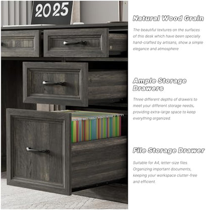 Tradare 58" Farmhouse Executive Desk, Wood Home Office Desk with Drawers & File Cabinet, Embossed Texture Storage Organizer Computer Desk for Working, Studying, Writing, Gray