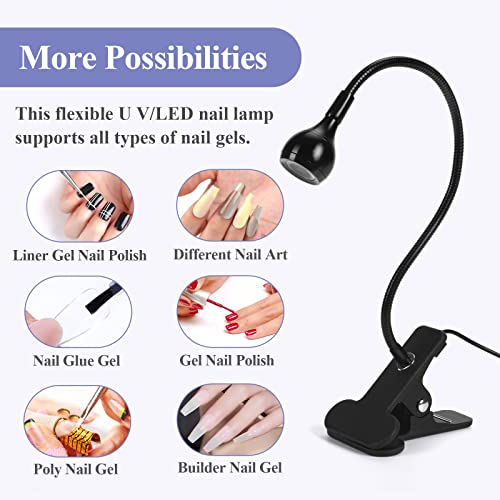 SAVILAND U V Nail Lamp Gooseneck LED with Securing Clip for Gel Polish | 360° adjustable, sturdy desk clip, USB rechargeable, 55in cable, portable design for salon & home manicure - color: Black