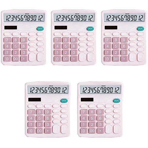 YOUHO Calculator, 12-bit Solar Battery Dual Power Standard Function Electronic Calculator with Large LCD Display Office Calculator Black(5 Battery) (KK-837B, 5PACK，pink) - color: 5PACK Pink