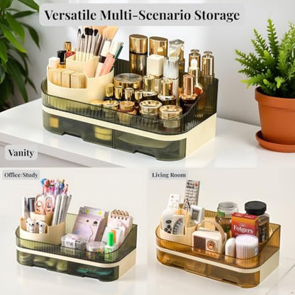 Makeup Organizer Countertop with Dual Drawers, Large Capacity Cosmetic Storage for Vanity Bathroom Skincare, 360° Rotating Makeup Brush Holder - color: brown