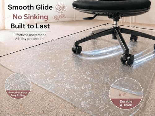 45"x53" Rose Pattern Office Chair Mat, Clear Carpet Floor Protector - size: 45"x 53" with Rose Pattern