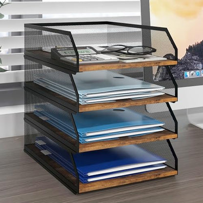 Natwind 4-Tier Stackable Metal Mesh Paper Organizer with Sliding Tray,Retro | Wooden Desk Organizer, Letter Tray For Desktop,File Holder For Home Office School Classroom Organization - size: 4 Tier