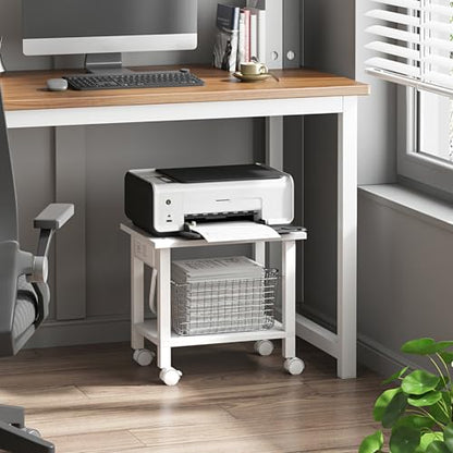 TUTOTAK Printer Stand, 2 Tier Rolling Printer Cart with Charging Station | Small Under Desk Printer Table with Wheels for Small Space, Office, Home, White PS01BW001 - color: White, size: 2 tier(15.7 x 11.8 x 15.4inchs)